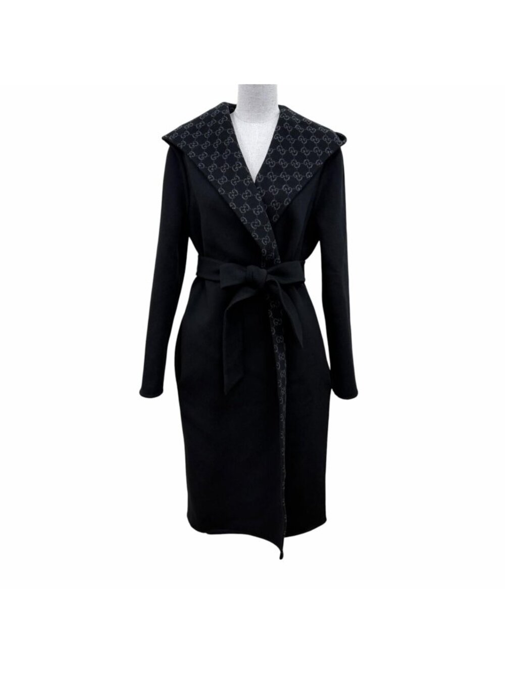 Gucci Reversible Wool Blend GG Silk Coat Belt Wrap Black 36